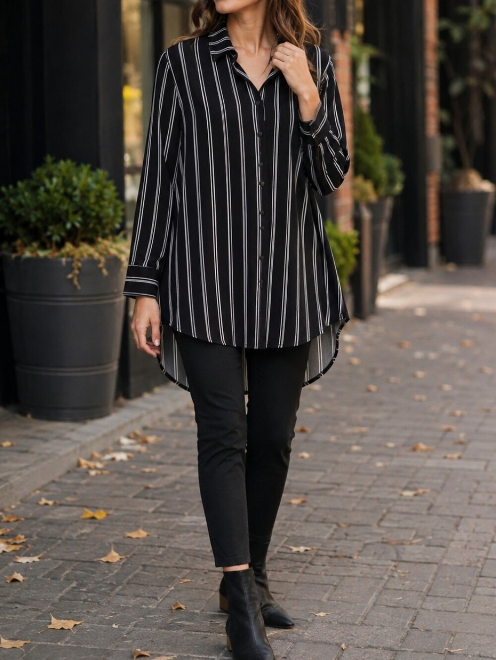 Simple Black White Stripe Stretch Button-Down High Low Tunic Casual